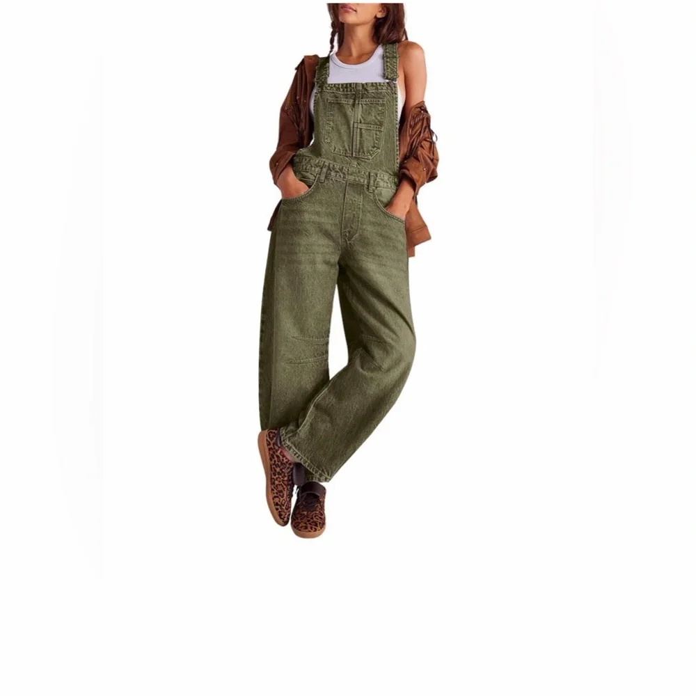 Olive Green Cotton Wide-Leg Overall Jumpsuit - Picture 6 of 8